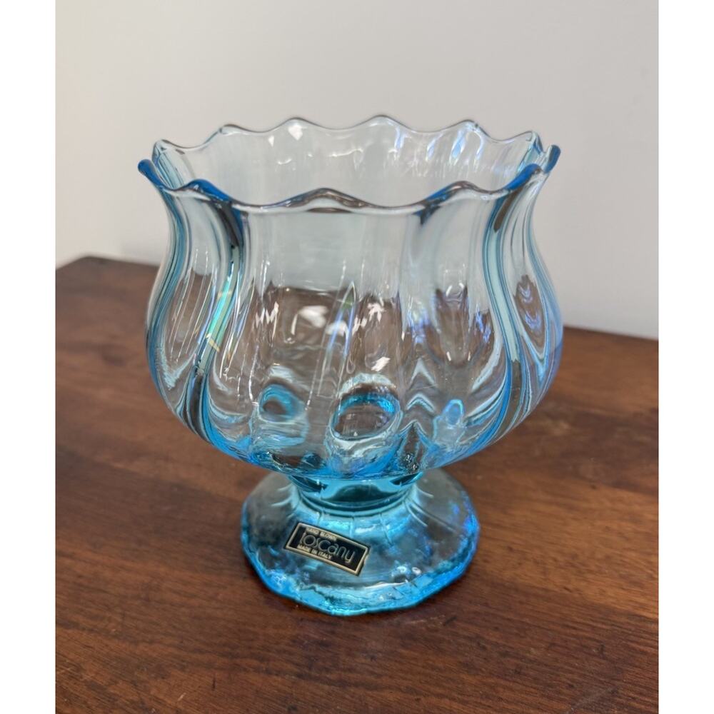 Vintage Toscany Italy Hand Blown Aqua Blue Art Glass Footed Bowl Compote 6" - Picture 3 of 10